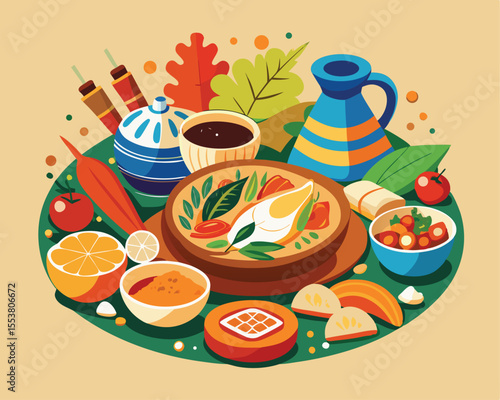 Regional dishes beautifully plated showing various dishes vector art design 