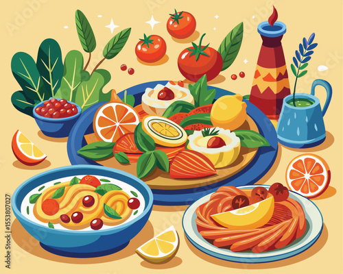 Sicilian dishes featuring vibrant colors vector art design 