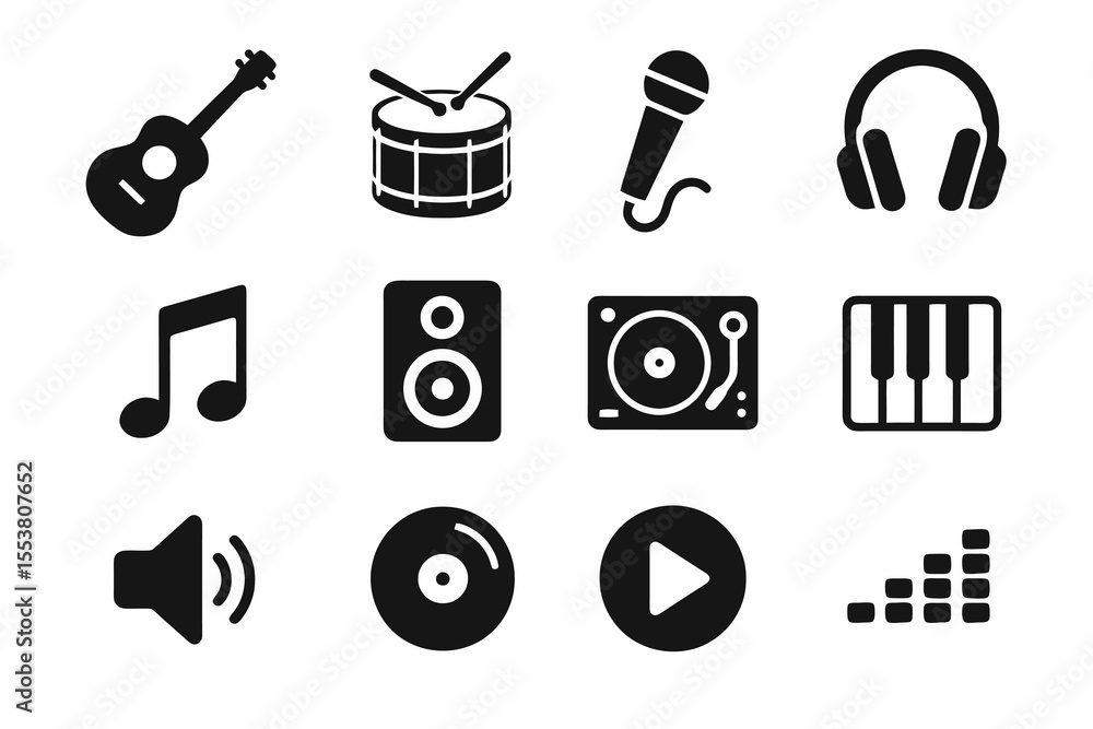 Fototapeta premium Music icon collection with guitar, drum, microphone, speaker, headphones, note, and audio controls in bold vector design.