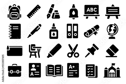 Set of vector education icons featuring school bag, book, pen, diploma, scissors, and classroom elements. For learning and school designs.