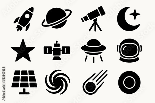Stylized space icon set with rocket, planet, telescope, moon with star, black hole, and astronaut in modern vector style.