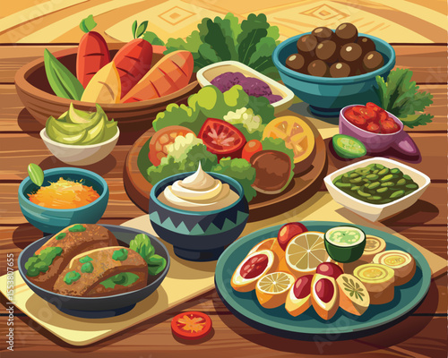 Syrian cuisine spread featuring colorful dishes vector art design 