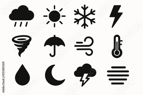 Weather icon set in black showing sun, rain, snowflake, tornado, and thermometer. Perfect for forecasts, apps, or UI.