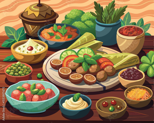 Syrian cuisine spread featuring colorful dishes vector art design 