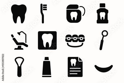 Dental icons collection with tooth, floss, toothbrush, braces, chair, and mirror, ideal for dental clinic, hygiene, and healthcare themes.