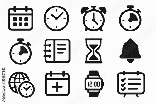 Minimalist time management icons including stopwatch, calendar, planner, hourglass, and smartwatches for scheduling visuals.