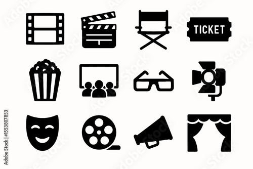 Movie and theater black icon set with ticket, popcorn, director chair, film reel, and stage on white background.