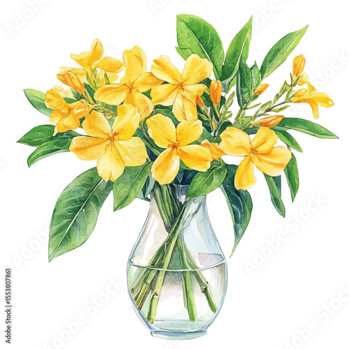Vászonkép A Carolina Jessamine In A Vase, watercolor painting vector, isolated on a white background