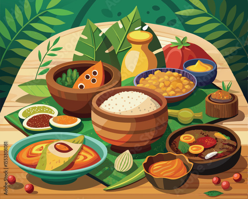 Traditional Bangladeshi dishes beautifully arranged on wooden surface vector art design 