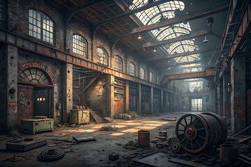 Tableau sur toile  Abandoned industrial warehouse interior, grunge style, high-resolution photo backdrop    © lazy