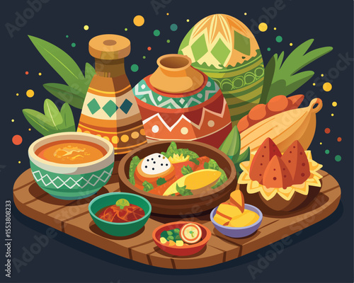 Tribal cuisine spread featuring traditional dishes vector art design 