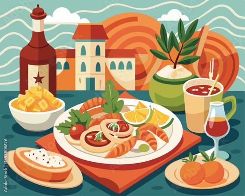 Venetian cuisine featuring traditional dishes vector art design 
