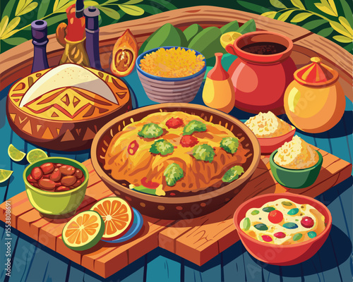 Uzbek cuisine spread featuring colorful dishes vector art design 