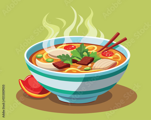 Vietnamese pho bowl with steaming vegetables and meat vector art design 