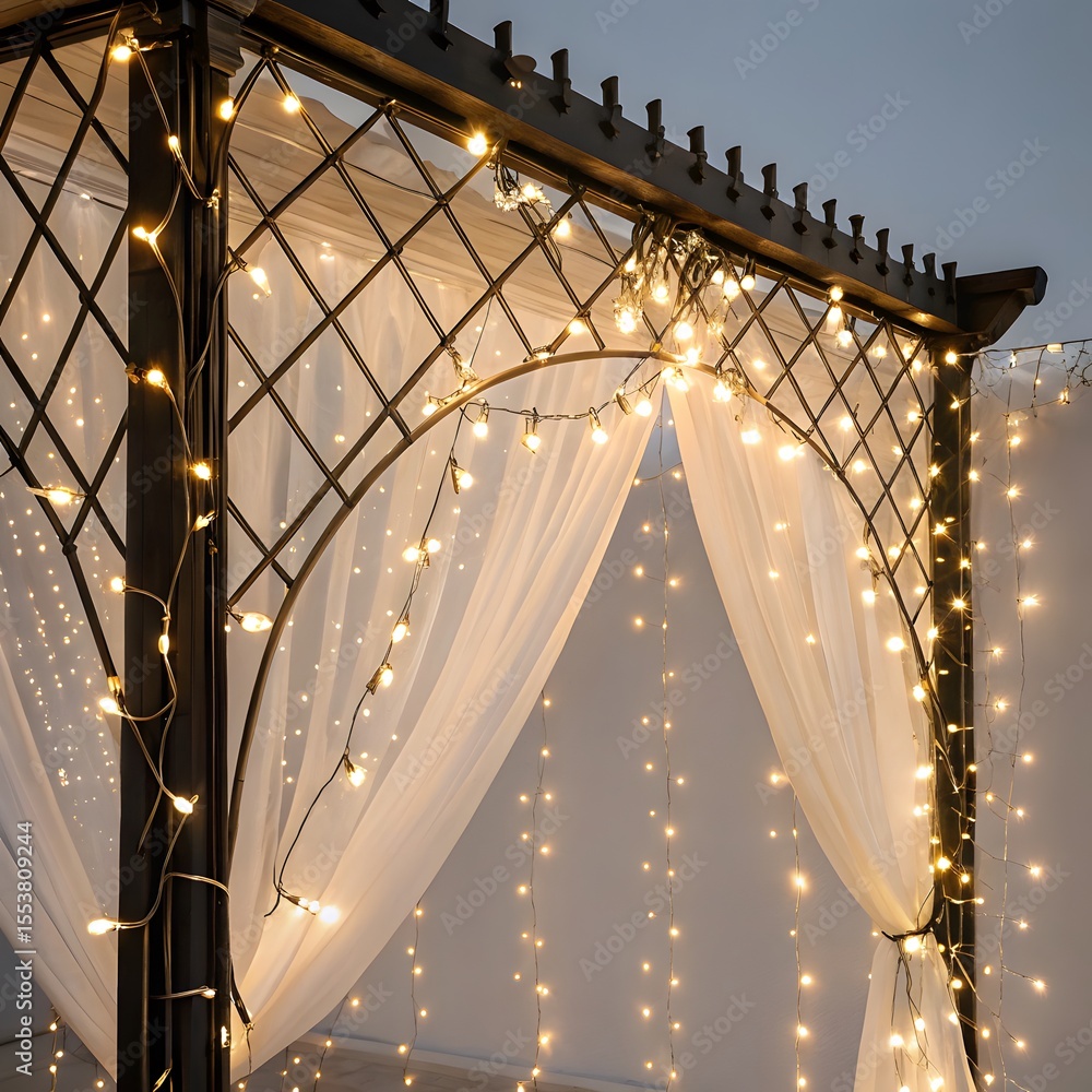 Obraz premium Elegant Metal Pergola Draped with White Curtains and Illuminated String Lights
