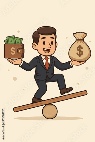 Cartoon businessman balancing on a seesaw, managing finances. Metaphor for budgeting, comparing income versus expenses, and achieving financial stability. Investment and savings concept.