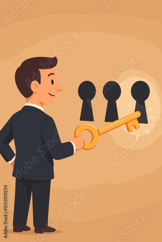 Businessman choosing the right keyhole with a key. Metaphor for decision making, opportunity, finding solutions, and business strategy. Unlocking success and potential concept.