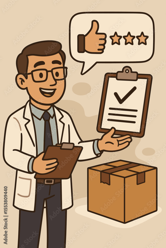 Cartoon quality assurance inspector evaluating product with checklist, clipboard, and cardboard box. Customer feedback, thumbs up, star rating, product review, inspection, quality control concept Cartoon quality assurance inspector evaluating product with checklist, clipboard, and cardboard box. Customer feedback, thumbs up, star rating, product review, inspection, quality control concept