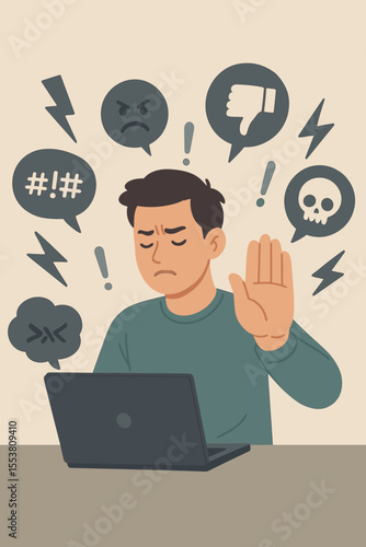 Man Resisting Online Harassment and Cyberbullying at Laptop. Stop Hate Speech, Negative Comments, Social Media Abuse, Digital Aggression, Mental Health Awareness, Vector Illustration Concept