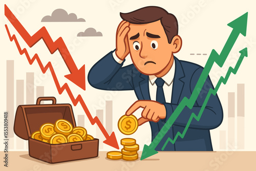 Stock Market Volatility Concept. Businessman Managing Investments, Adjusting Portfolio, Minimizing Losses, Maximizing Returns. Financial Crisis, Rising Profits, Declining Market, Vector Illustration