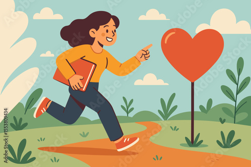 Ambitious woman running on winding path toward heart symbol, concept of following dreams, passion, career motivation, personal growth, success journey, inspirational vector illustration