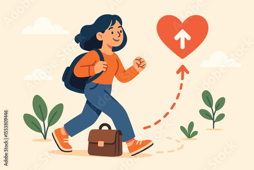 Ambitious Woman Walking Forward with Backpack and Briefcase, Following Heart and Passion, Career Success Motivation, Personal Growth, Inspirational Journey, Vector Cartoon Illustration