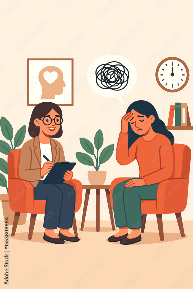 Psychotherapy session mental health support. Counseling therapy illustration. Patient and psychologist talking. Emotional well-being, anxiety, depression treatment. Vector cartoon interior concept Psychotherapy session mental health support. Counseling therapy illustration. Patient and psychologist talking. Emotional well-being, anxiety, depression treatment. Vector cartoon interior concept