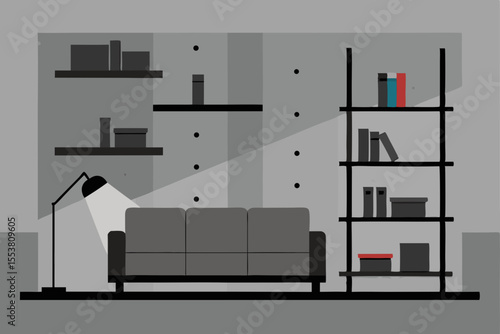 Modern apartment interior design featuring a spacious living room with stylish furniture, a large window, and warm lighting