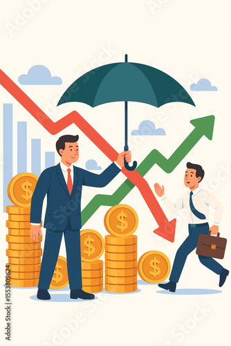 Economic crisis protection, government support for business, financial safety net, recession recovery, businessman shielding with umbrella, growth and decline arrows, investment security concept