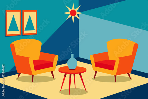 Modern living room interior design featuring comfortable chairs, a stylish table, and tasteful home decor