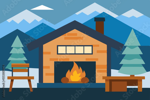 A cartoon vector illustration of a burning house in a village landscape, depicting a fiery home with smoke billowing from its windows against a summer sky