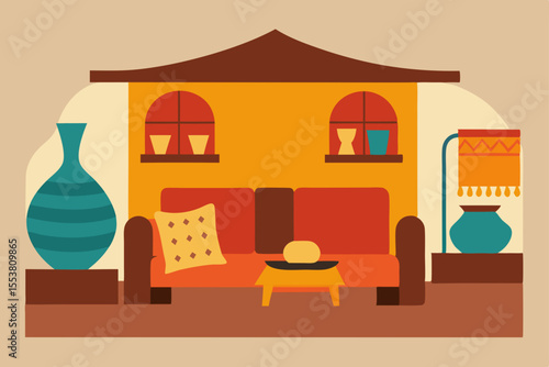 Vector illustration of a living room interior with a sofa, chairs, a table, and a fireplace, featuring a window and tasteful home furniture design