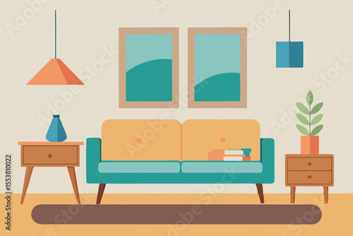 Modern living room interior design featuring a comfortable sofa, stylish furniture, and warm lighting, perfect for a contemporary home or apartment lounge