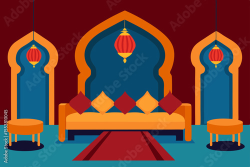 Vector illustration set of restaurant and traditional Thai temple interior designs with cultural symbols and menu decoration