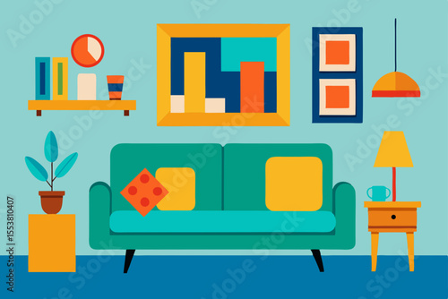 Modern living room interior design vector illustration with furniture icons including sofa, chair, and table, perfect for home or office apartment settings