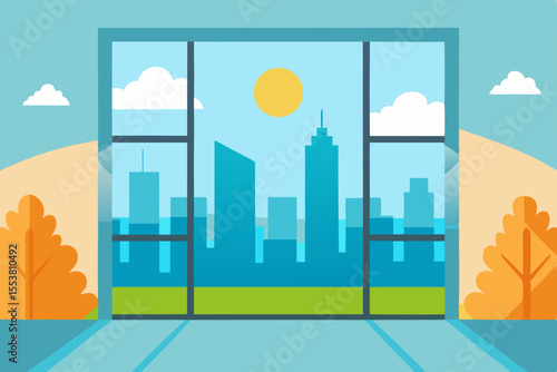 Autumn vector cityscape illustration featuring urban buildings, a skyscraper skyline, and a tree-lined landscape under a cloudy sky