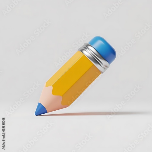 3D Rendered Yellow Pencil with Blue Eraser on White Background. 
