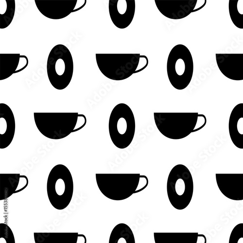 Seamless pattern with coffee cups and donuts in a flat style. Black and white vector illustration. They symbolize the time of breakfast, tea or coffee.