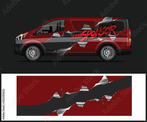 Red and Black Ripped Design Van Wrap Vehicle