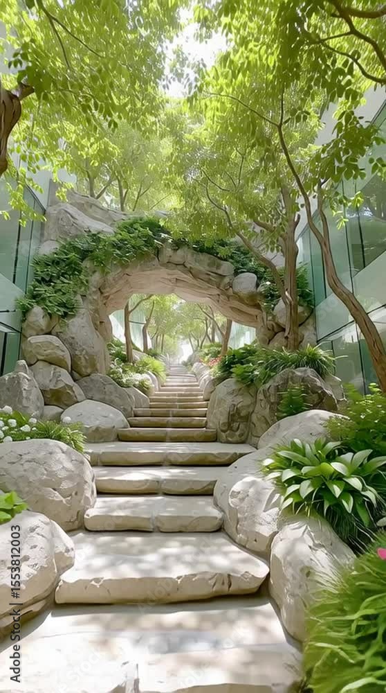 A serene pathway lined with lush greenery and stone steps leading through a vibrant garden, offering a tranquil escape into nature's beauty and harmony. A serene pathway lined with lush greenery and stone steps leading through a vibrant garden, offering a tranquil escape into nature's beauty and harmony.