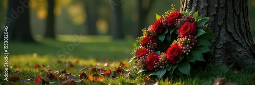 A somber funeral wreath rests against the trunk of a weathered tree , mourning, autumn
