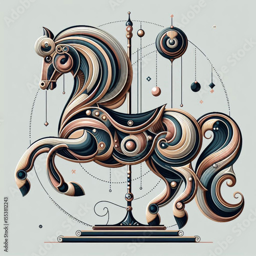 Intricate illustration of an ornate carousel horse with flowing lines and decorative elements on a soft background