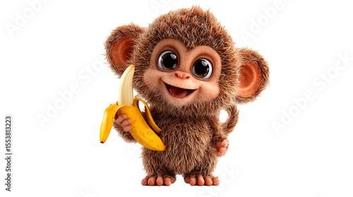 Cute cartoon monkey with brown fur happily holding a banana in a playful pose and bright expression