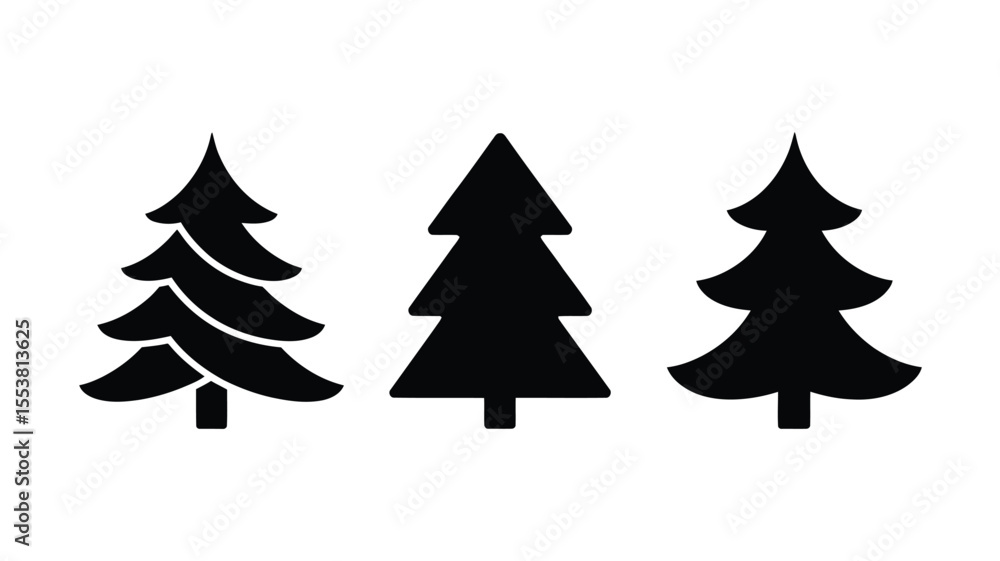 Obraz premium Simple Black and White Christmas Tree Trio – Minimalist Holiday Illustration Featuring Solid Silhouettes of Rounded, Classic, and Layered Geometric Trees in an Evenly Spaced Horizontal Composition