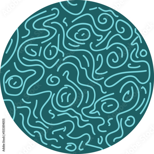 Circular graphic featuring abstract, messy scribbled lines drawn manually.