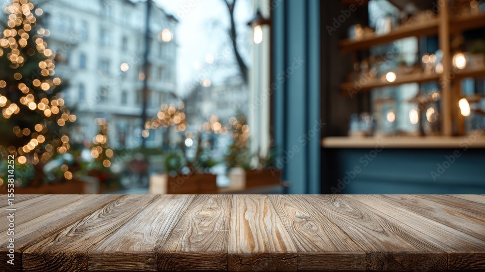 Wooden table surface positioned near blurred christmas tree decor, offering festive cafe ambiance with product placement potential for holiday marketing Wooden table surface positioned near blurred christmas tree decor, offering festive cafe ambiance with product placement potential for holiday marketing
