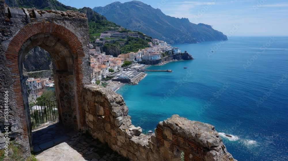 Fototapeta premium Dramatic coastal landscape capturing cetara village, mediterranean sea embracing rocky mountains, framed by rustic stone archway highlighting scenic amalfi coastline