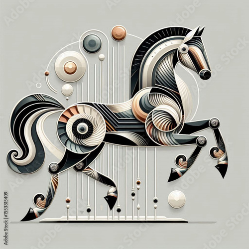 Elegant abstract illustration of a carousel horse with swirling patterns and geometric elements on a soft background