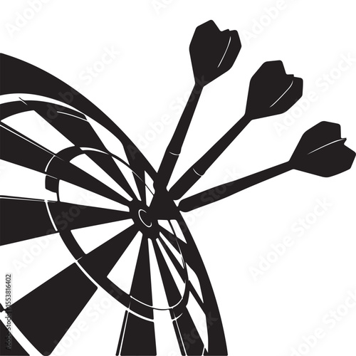 Bold Black and White Dartboard Illustration with Three Darts Hitting the Target, Creating a Dynamic and Competitive Image