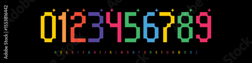 Colorful geometric pixel numbers and alphabet with stylized techno look. Retro digital font for posters, branding, logo headline, UI design, modern visual, sport team branding. Vector illustration